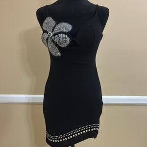 SHEIN Black and Silver Asymmetrical Embellished Mini Dress